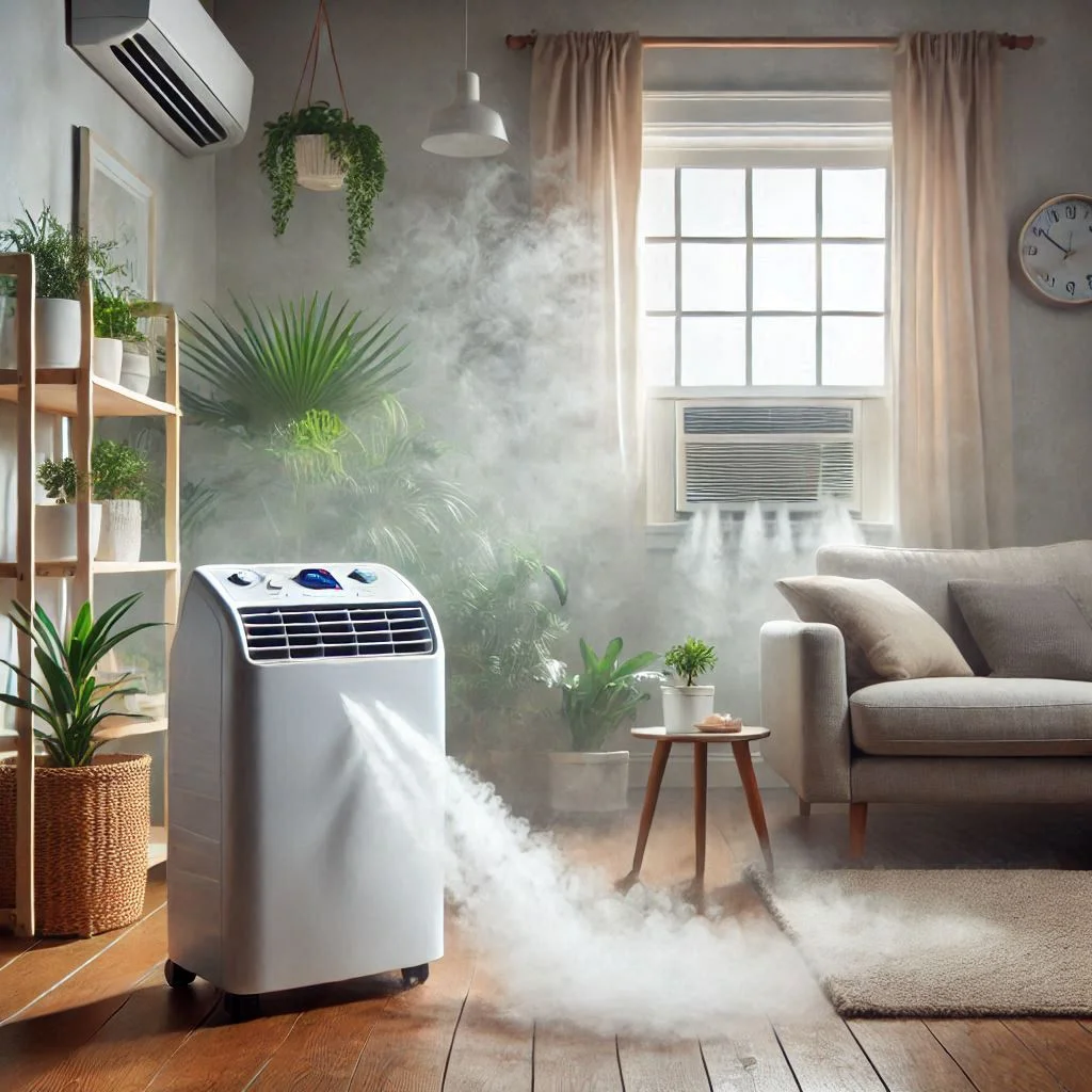 "A dehumidifier running in a room, effectively reducing humidity to prevent mold growth in a window air conditioner."