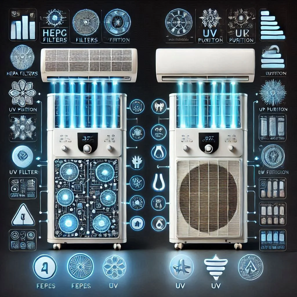 "A side-by-side comparison of two air conditioning units, highlighting key features like HEPA filters, UV purification, and energy efficiency ratings."