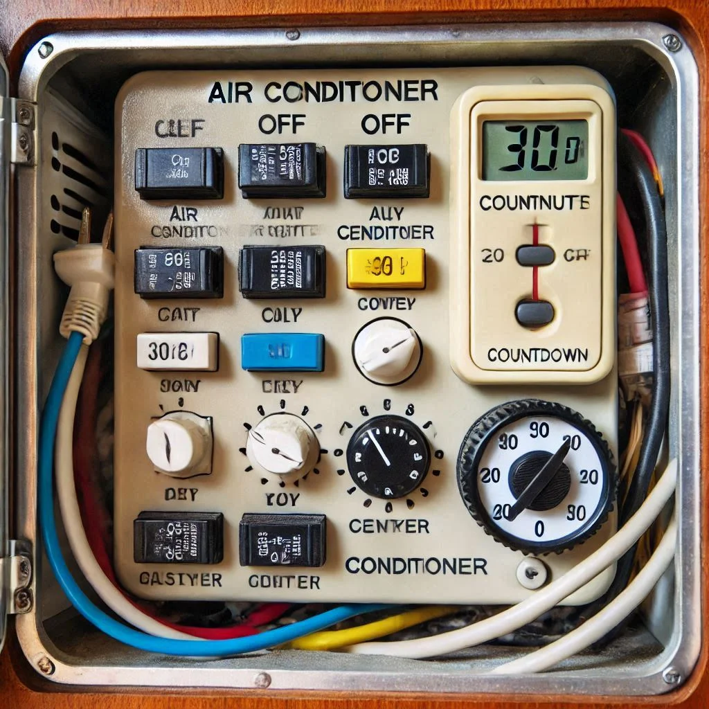 An RV breaker box with the air conditioner breaker clearly switched off, paired with a timer indicating a 30-minute countdown.