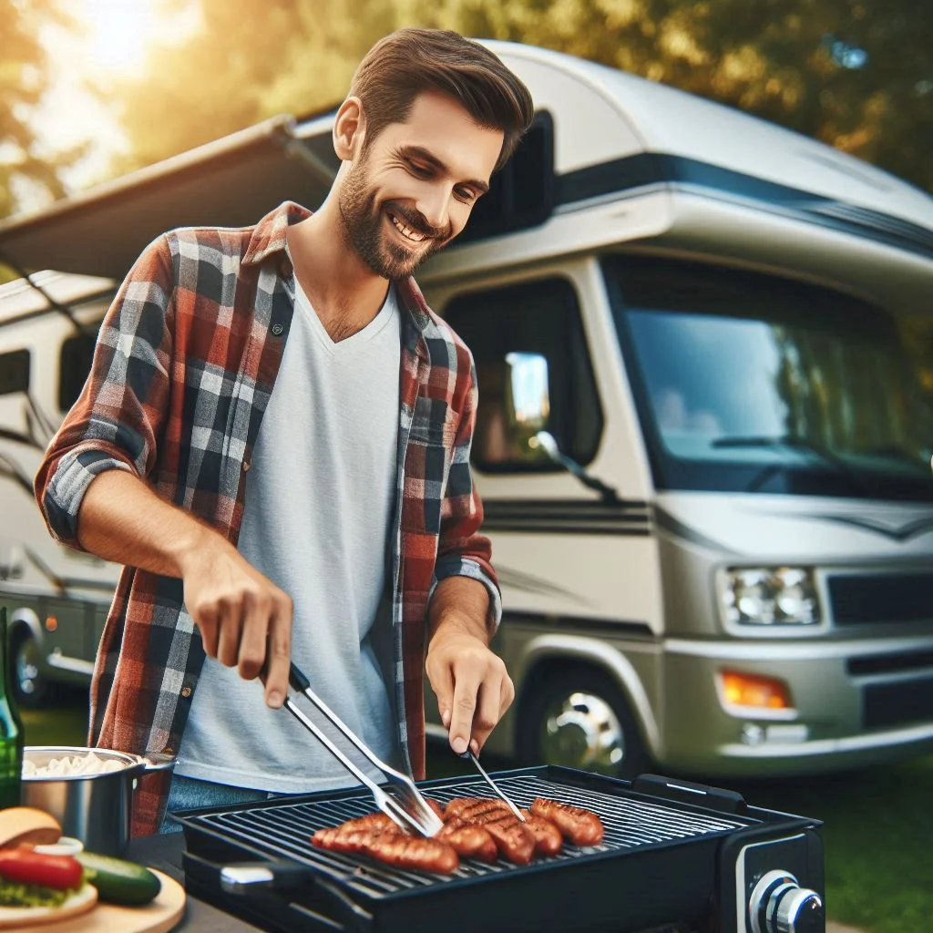 "An RV owner cooking on a portable grill outside, with the RV in the background. The image highlights the concept of cooking al fresco to avoid internal heat buildup."