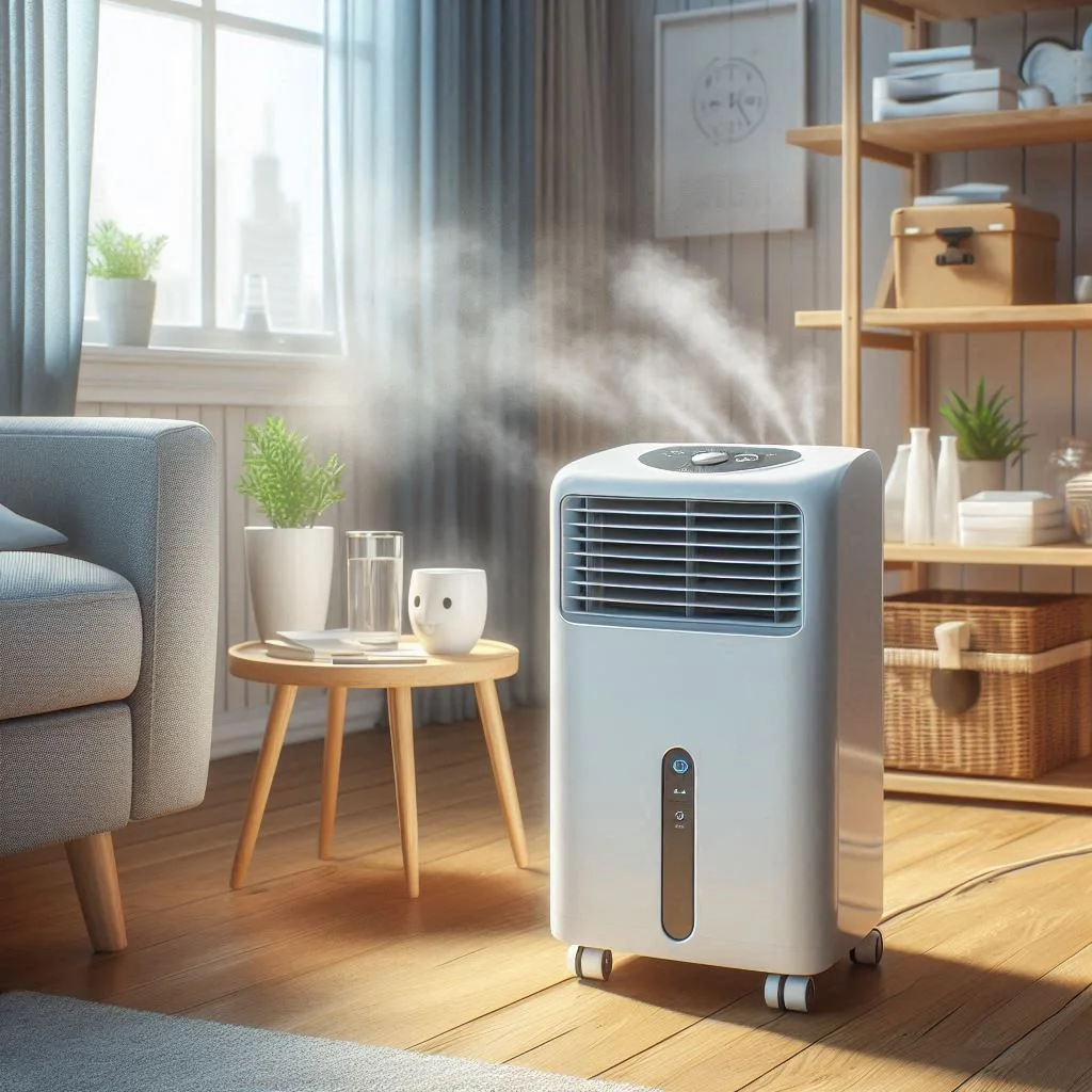 "A dehumidifier running in the background of a room with a window air conditioner, reducing moisture and preventing mold regrowth."