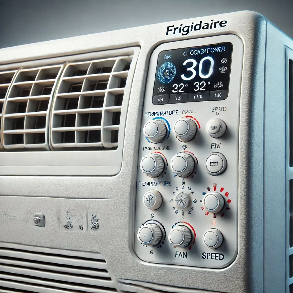 A Frigidaire air conditioner with a visible manual control panel showing buttons for temperature and fan speed adjustment.