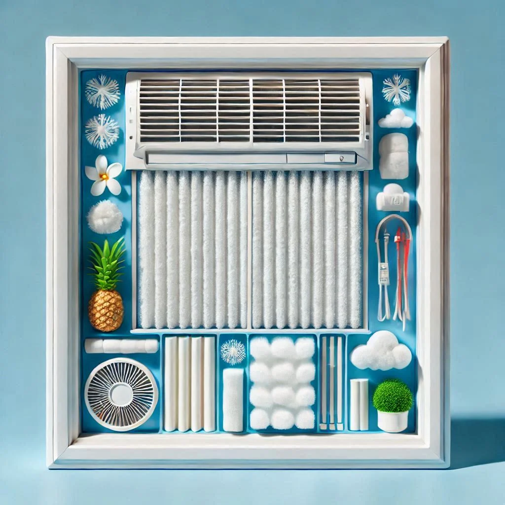 "An image of a clean window air conditioner showing the air filter, styrofoam, and other components in perfect condition to emphasize regular maintenance."