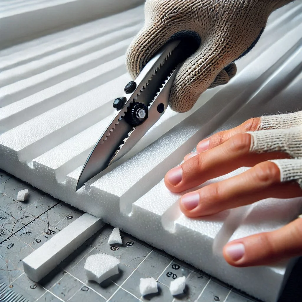 A close-up of the video showing the cutting process of the polystyrene board with a utility knife.