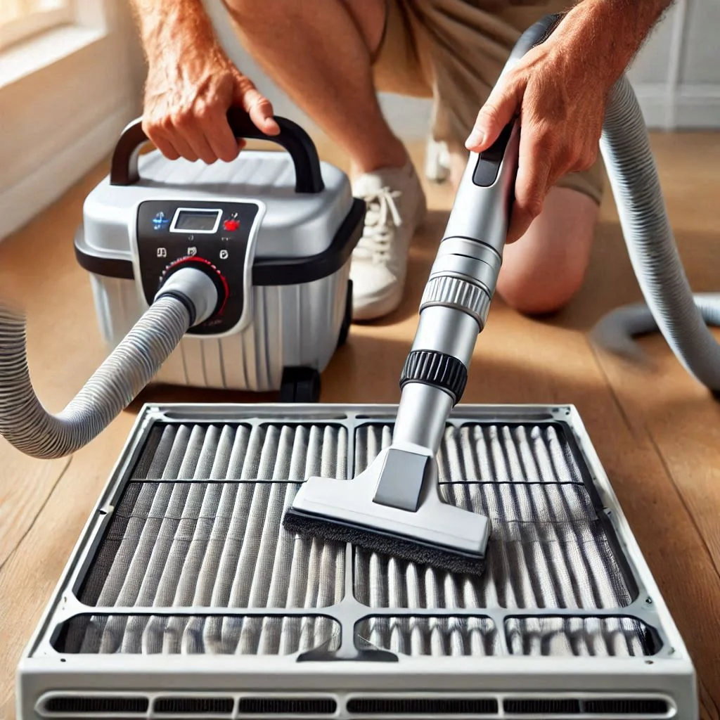 "Person using a vacuum cleaner with hose attachment to clean an air conditioner filter, focusing on the process of vacuuming the filter’s surface."