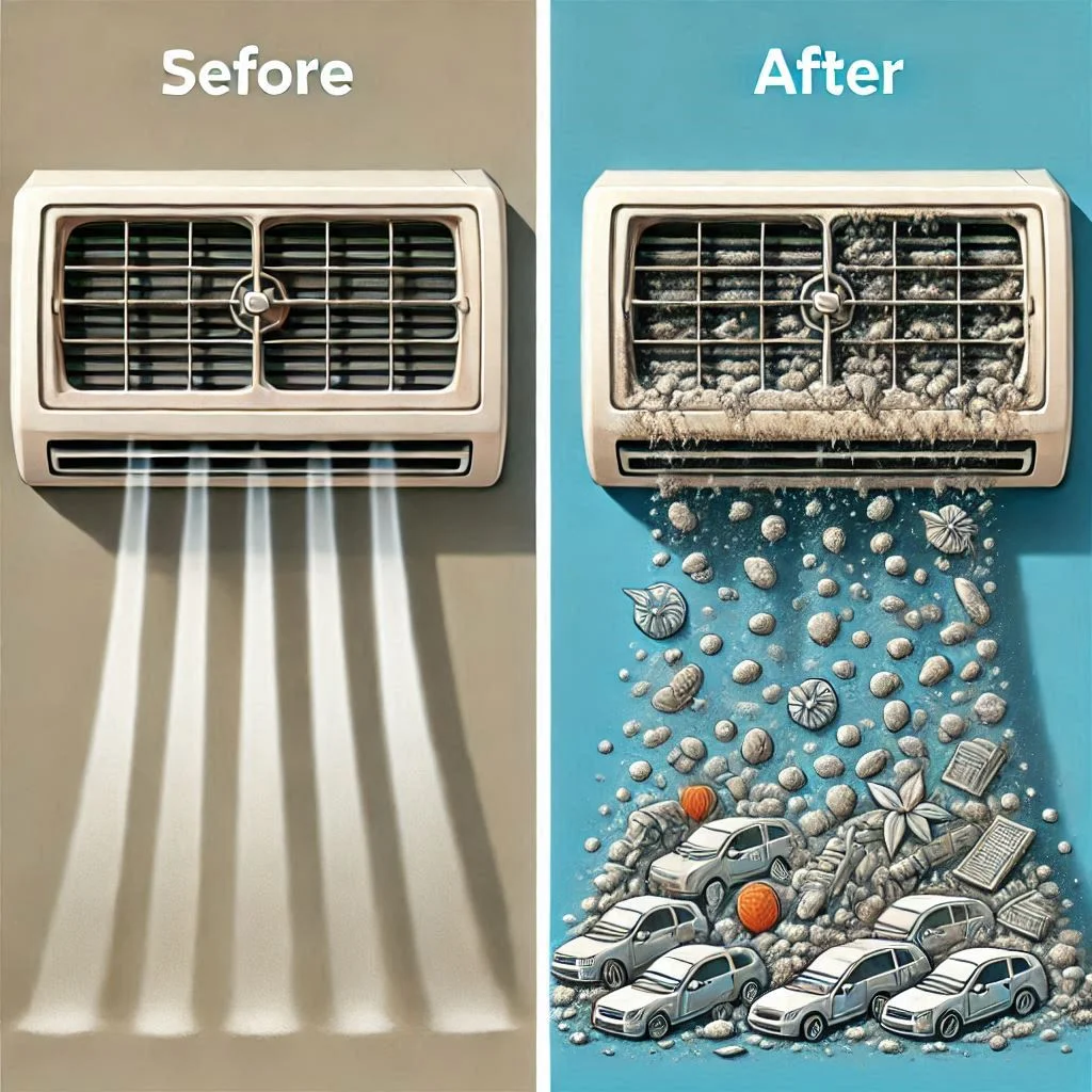 A comparison showing two air conditioner vents—one clean and shining and the other clogged with dust and debris.