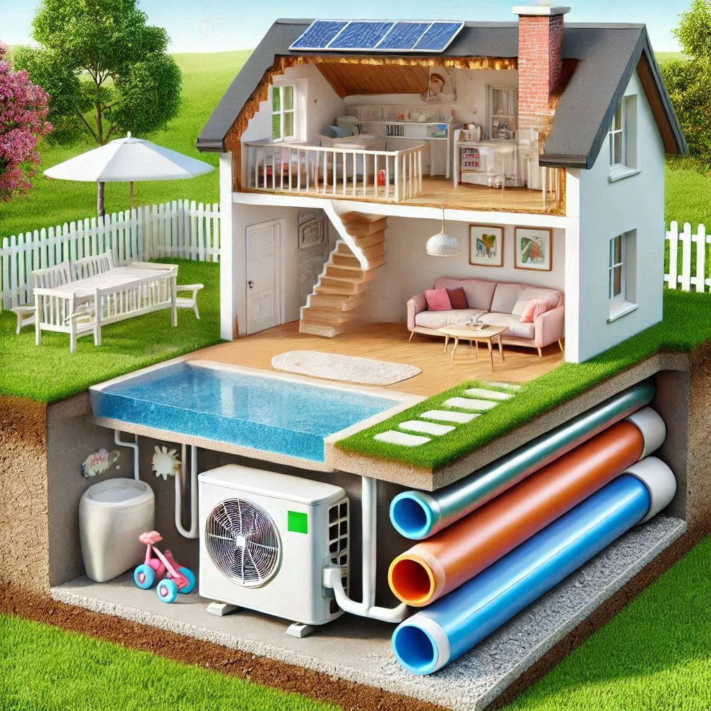 A nursery illustration showcasing a geothermal AC system’s quiet and eco-friendly operation, with underground pipes visible in a cutaway view of the home’s exterior.