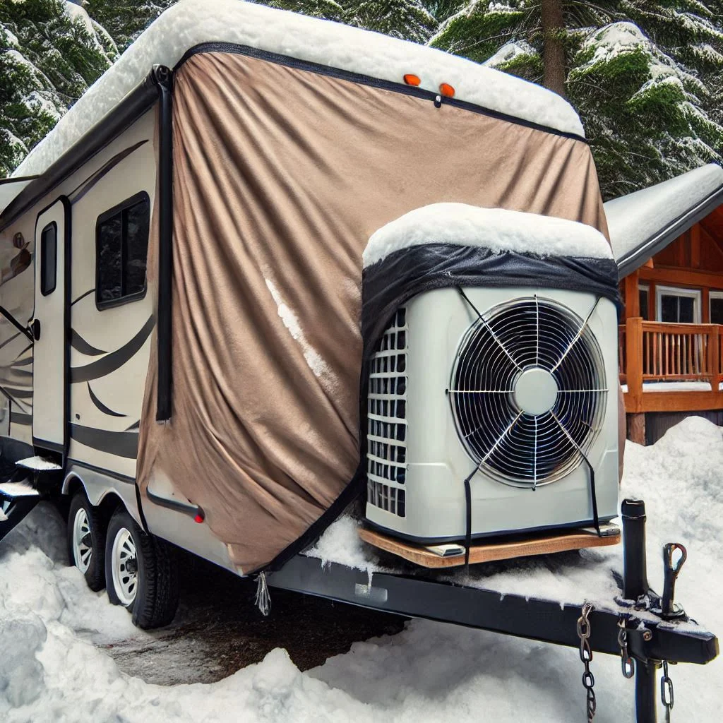 "RV air conditioner covered with a breathable, waterproof cover during winter storage, protecting it from snow, ice, and debris."