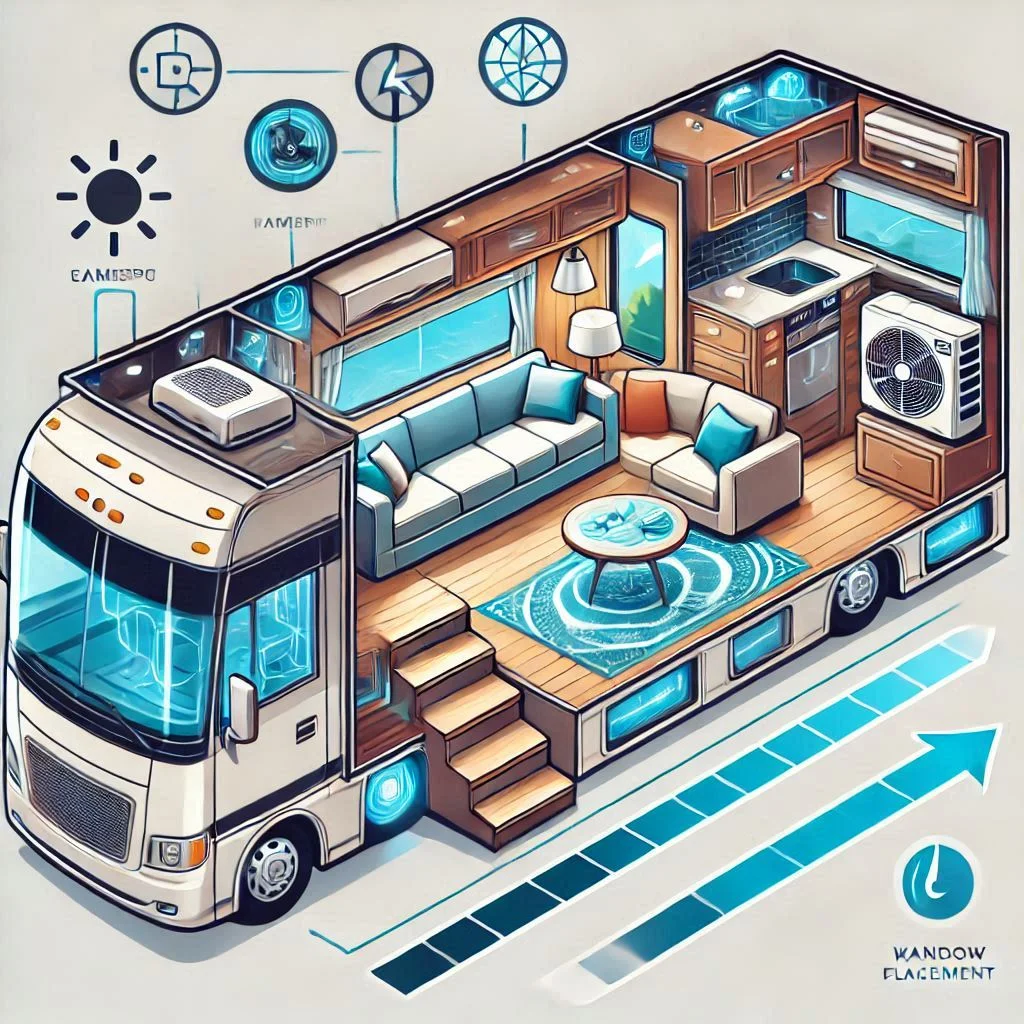 "An illustration showing how RV layout and window placement can impact air conditioner wattage consumption"