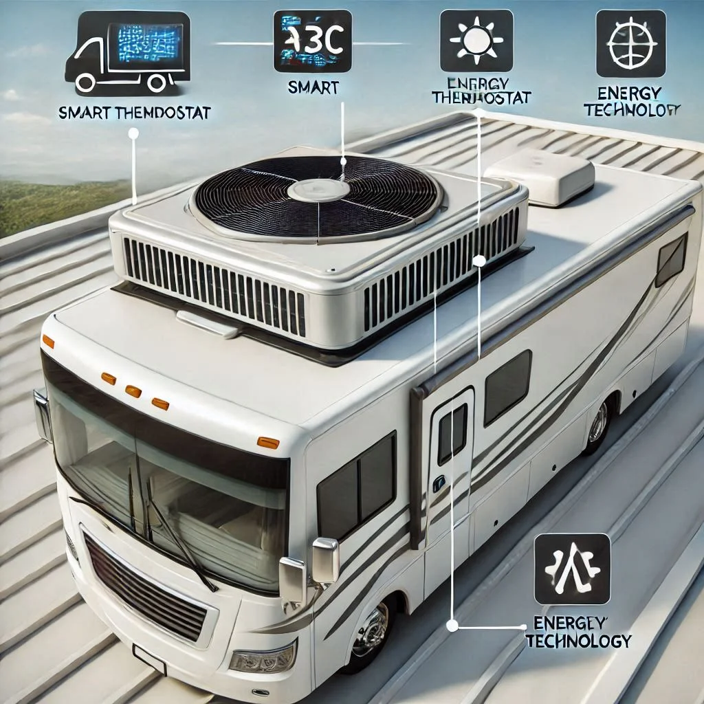 A sleek, modern RV air conditioner model installed on an RV roof, with labeled features like a smart thermostat and energy-efficient technology.