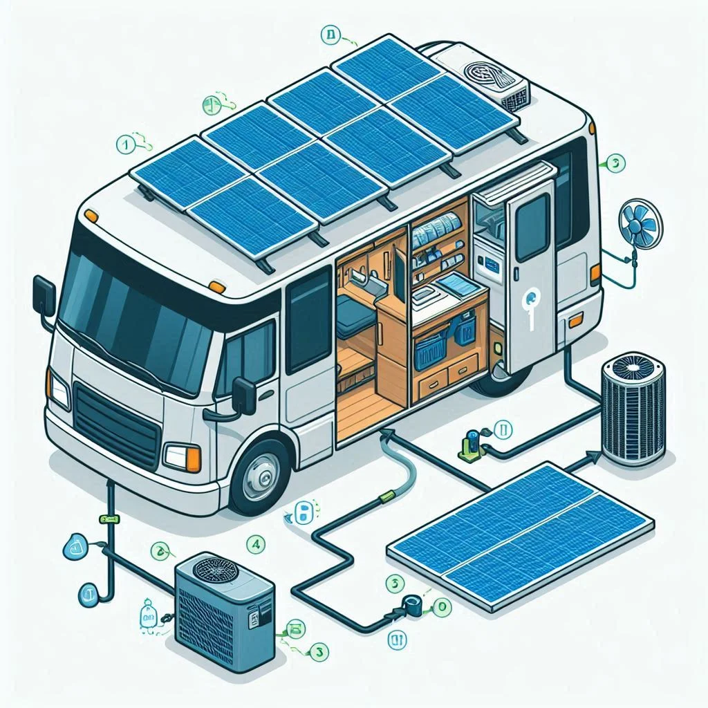 A diagram showing the relationship between solar panels, a battery bank, and an air conditioner in a camper van setup.