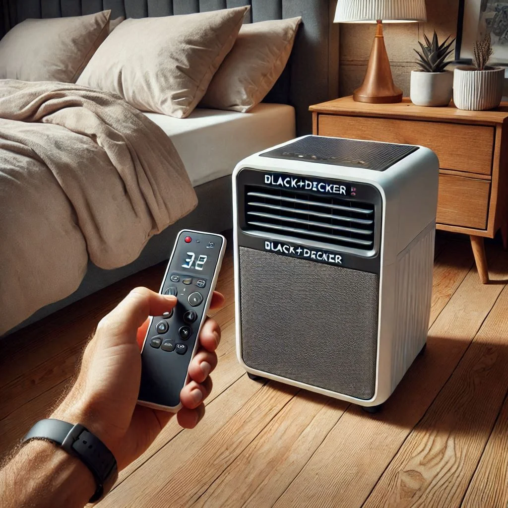 "BLACK+DECKER BPACT08WT Portable Air Conditioner on a bedroom floor, with its compact design and remote control in hand."