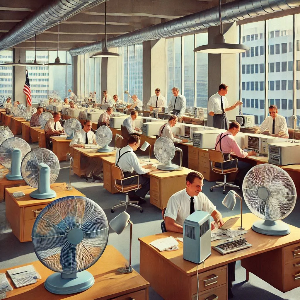 A 1960s office building with employees working at desks, each equipped with a desk fan or near a newly installed air conditioning unit, showcasing the shift toward comfortable, air-conditioned work environments.