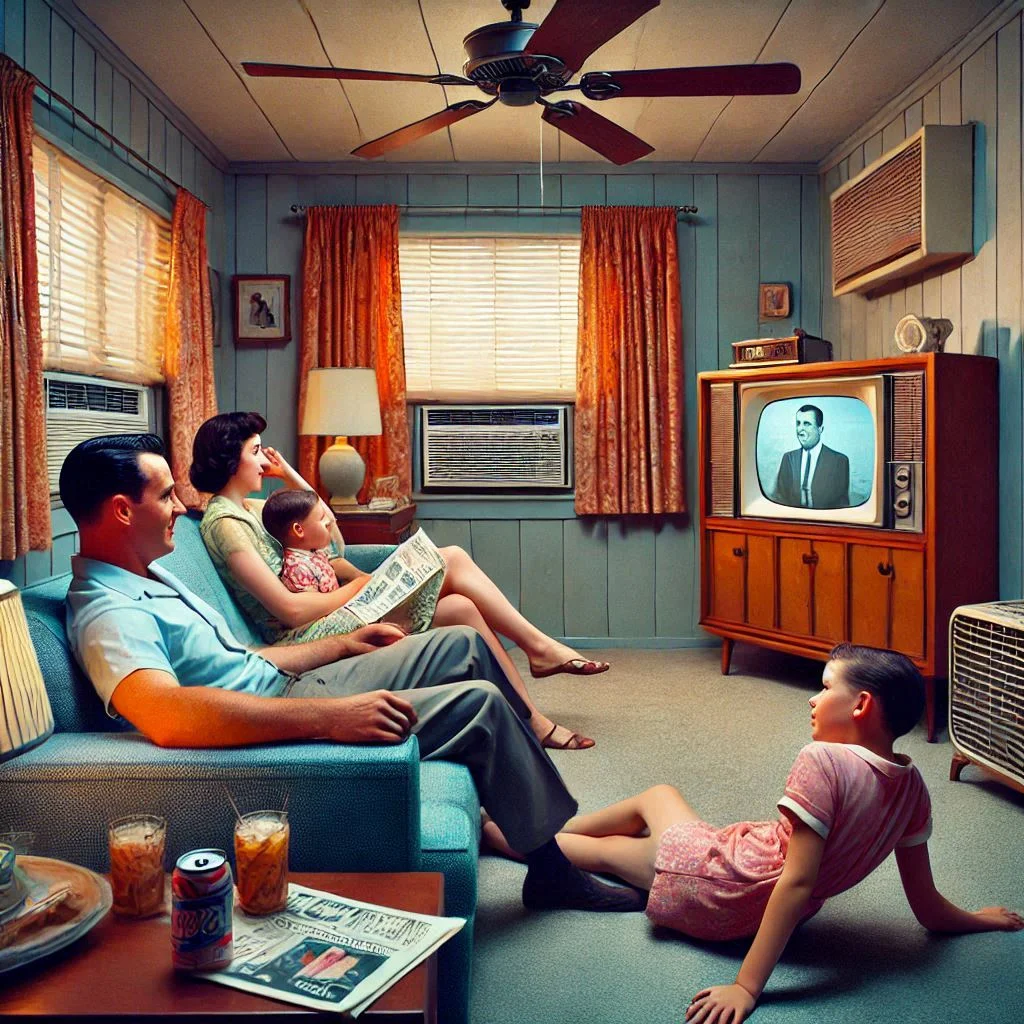 A family enjoying a 1960s living room, watching television in the comfort of their air-conditioned home, reflecting how air conditioning changed leisure activities and daily life during this time.