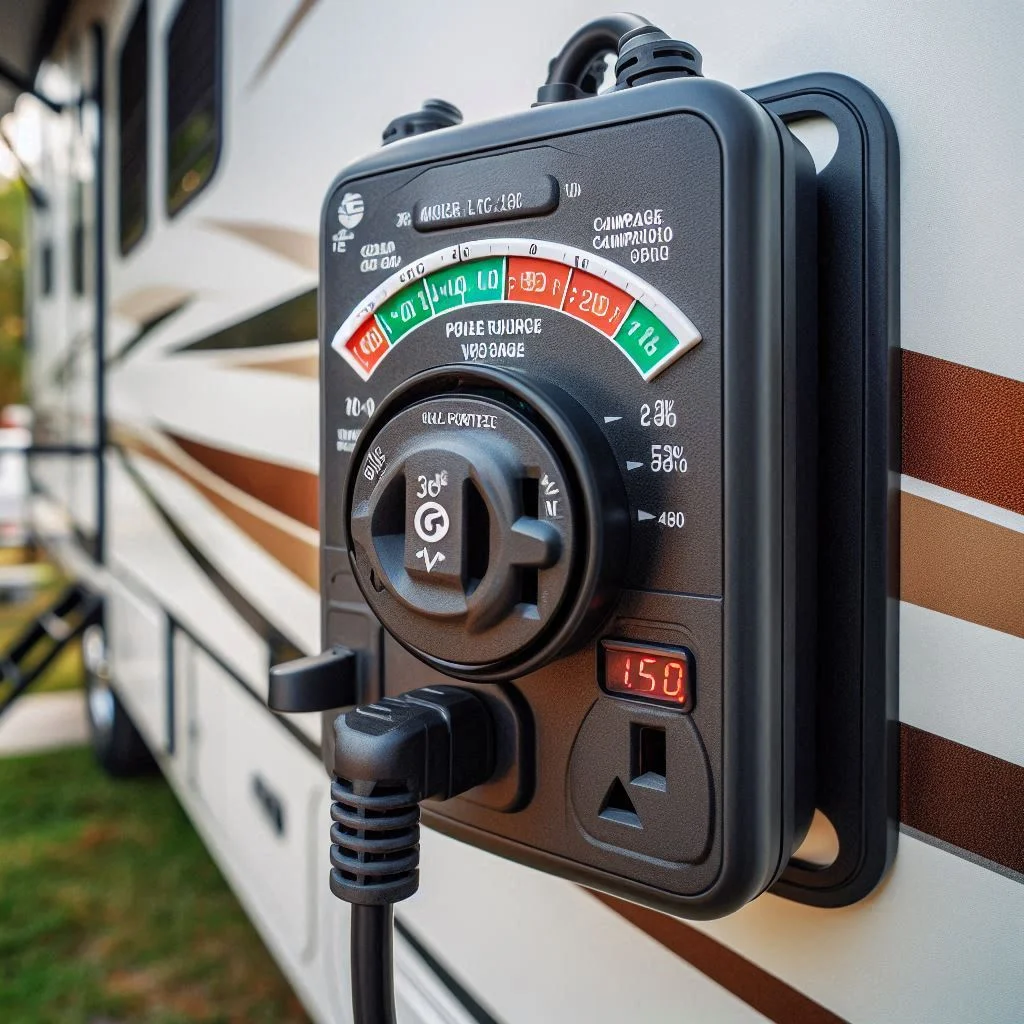 An RV surge protector plugged into a campground power source, with clear labeling of voltage levels.