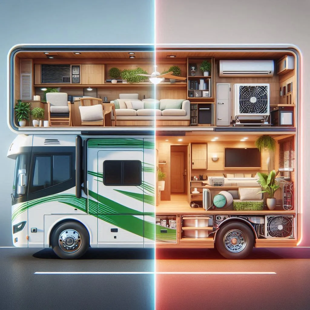 A split image showing an RV with a ducted system on one side and a non-ducted setup on the other, highlighting the air conditioner’s adaptability.