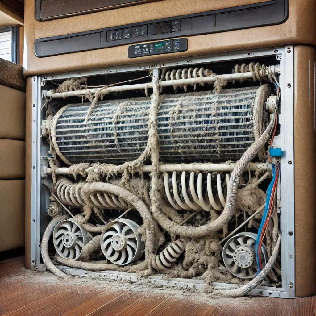 "Close-up view of an RV air conditioner’s evaporator coil, showing dirt accumulation and the need for cleaning for optimal efficiency."