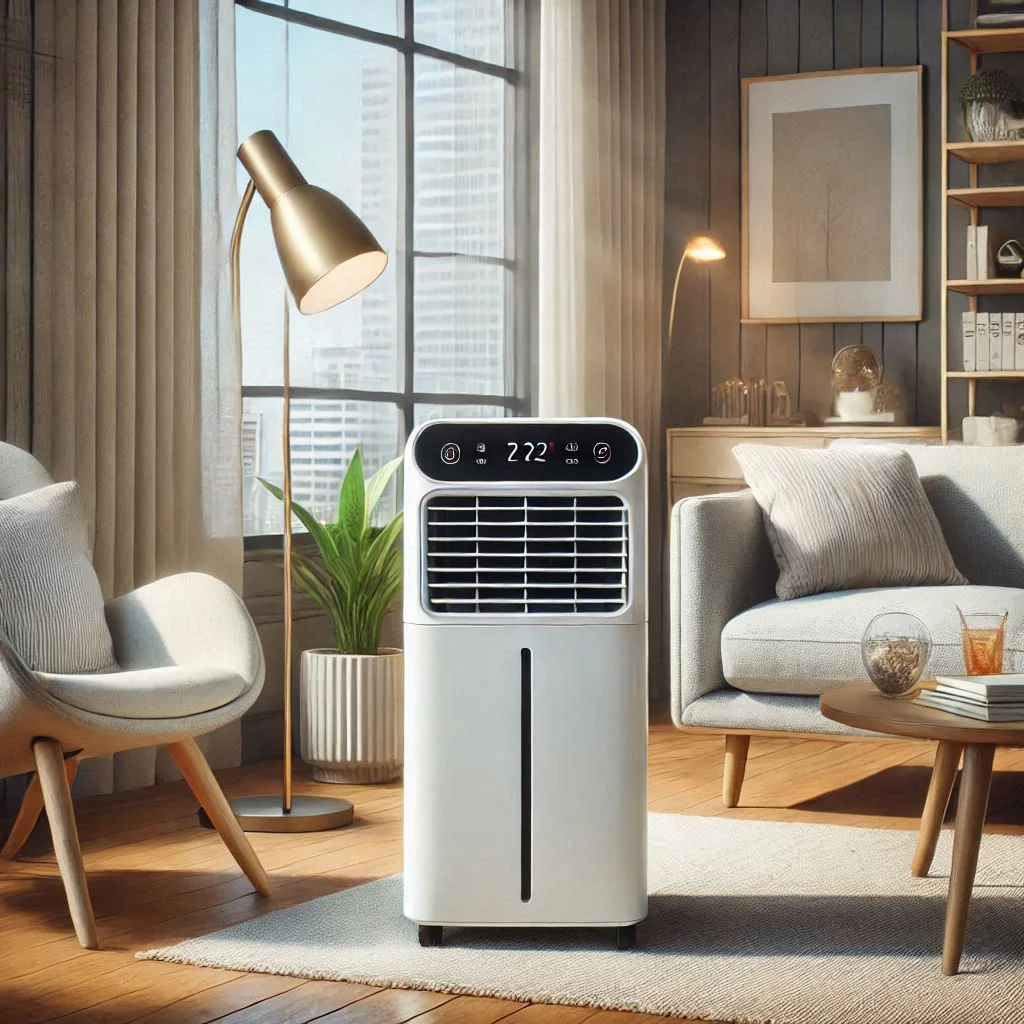 "BLACK+DECKER BPACT14WT Portable Air Conditioner in a modern living room, with a focus on the easy portability and auto-evaporation feature."