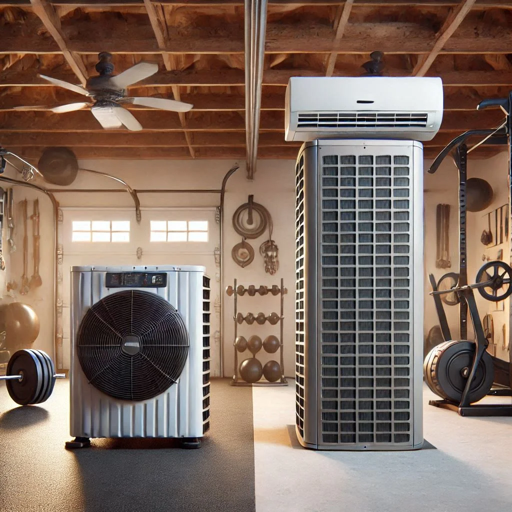 A comparison between a commercial AC unit and a home AC unit in a garage gym, highlighting the differences in size and design.