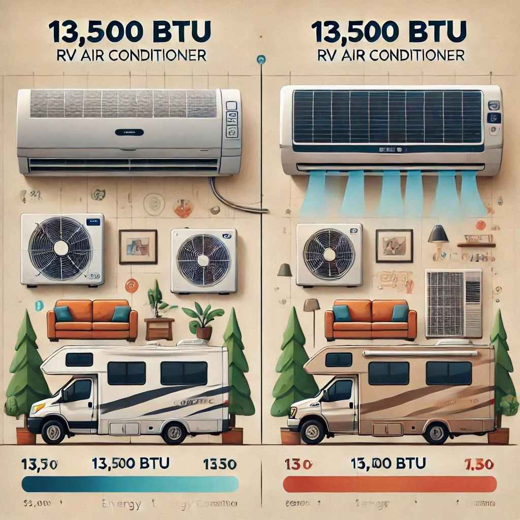 An image of two RV air conditioners side by side—13,500 BTU and 15,000 BTU—with a comparison chart showing key differences such as cooling area and energy consumption.