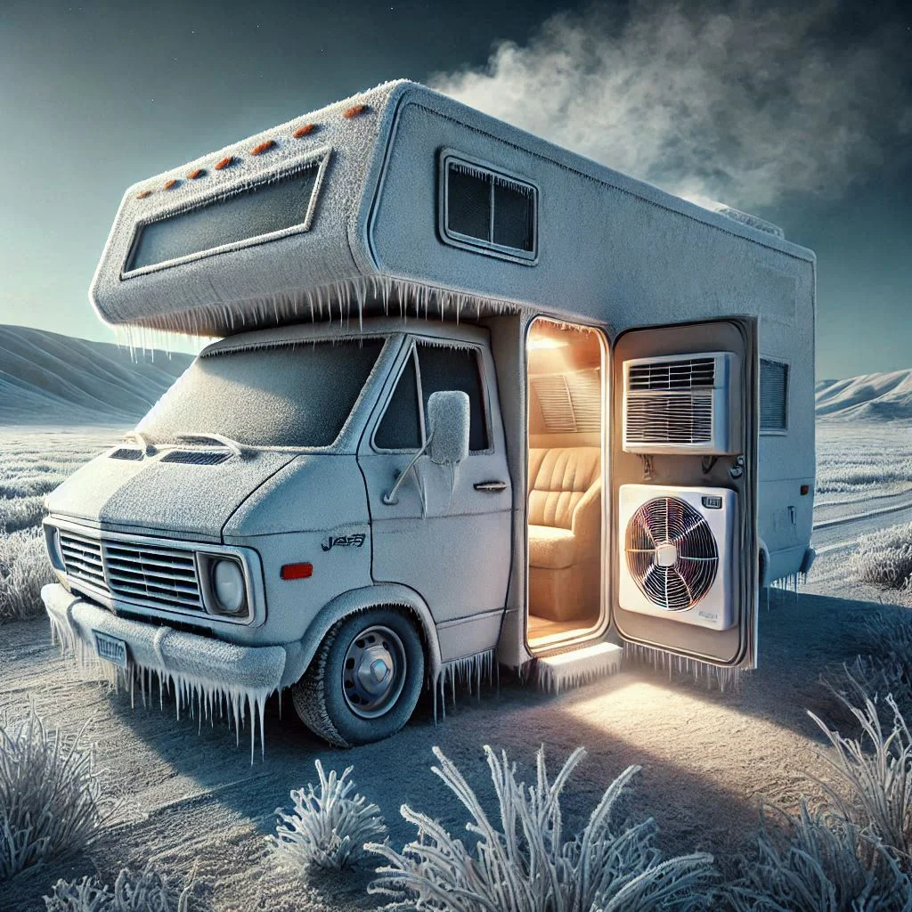 "An RV parked in a frosty landscape with visible warm air circulating inside, powered by a dual-purpose 12V air conditioner."