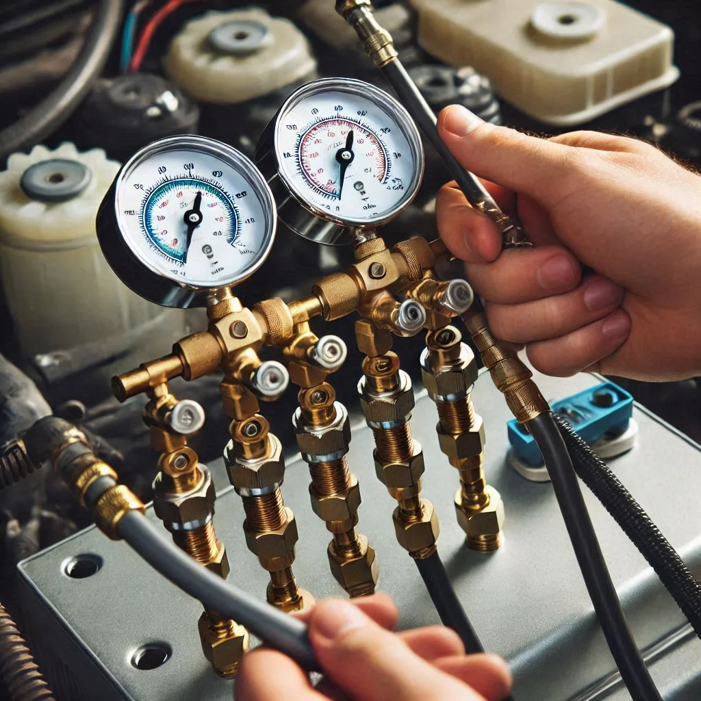 Close-up of a manifold gauge set being connected to the service ports of an RV air conditioning unit.