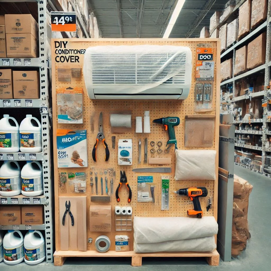 DIY air conditioner cover materials displayed in a home improvement store.