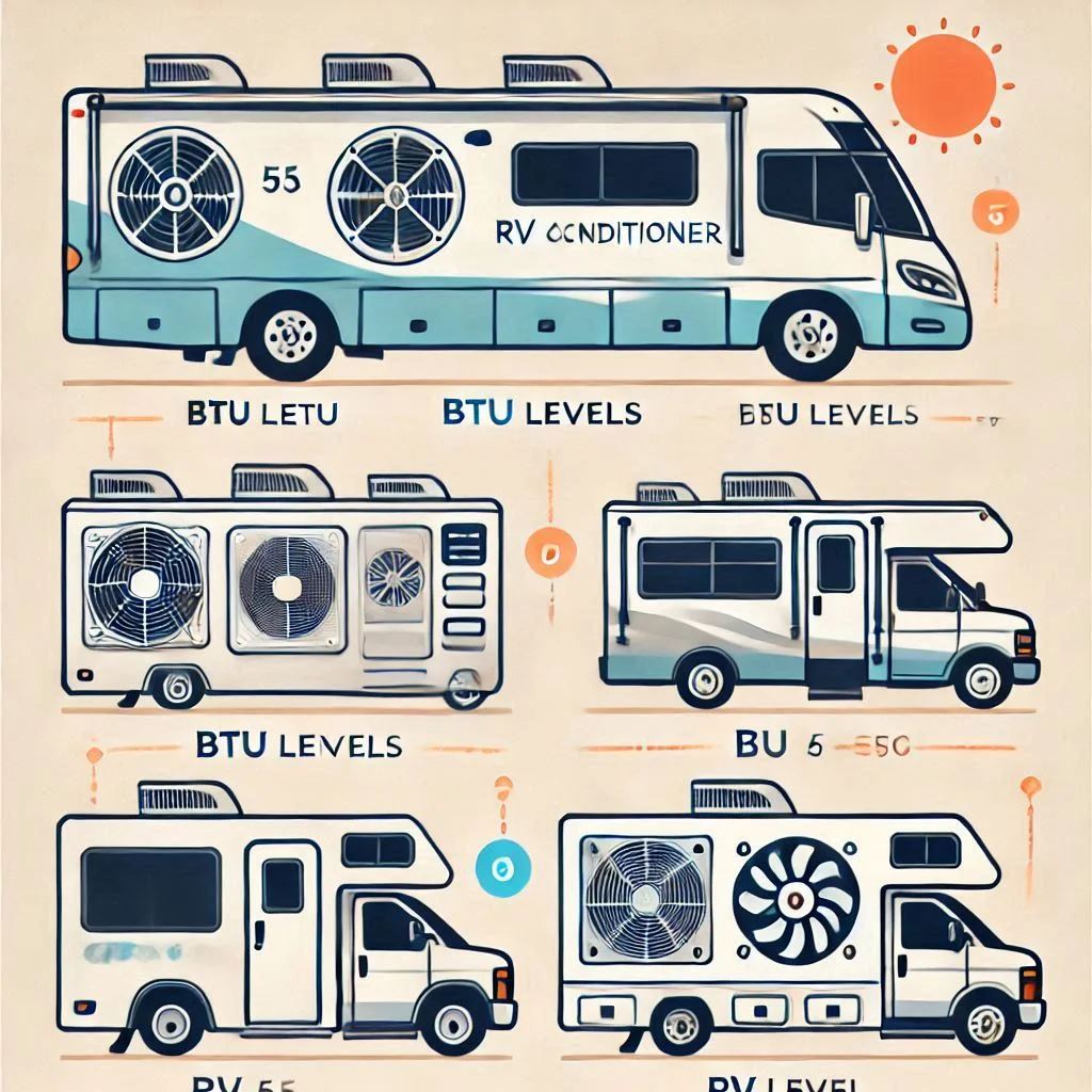 A graphic showing different BTU levels of RV air conditioners and the corresponding RV sizes they are best suited for.