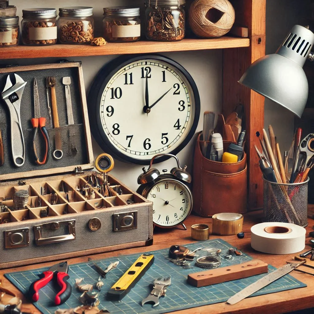 A well-organized workbench with a clock showing time passing while working on a DIY project.