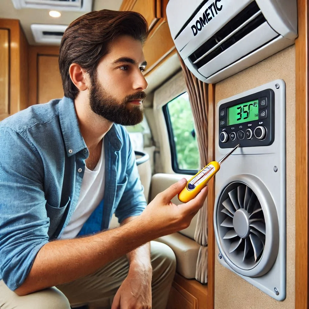 A technician testing the airflow from a Dometic RV air conditioner, holding a thermometer next to the vent to measure the air temperature. The RV interior should be visible, with the unit turned on and running.