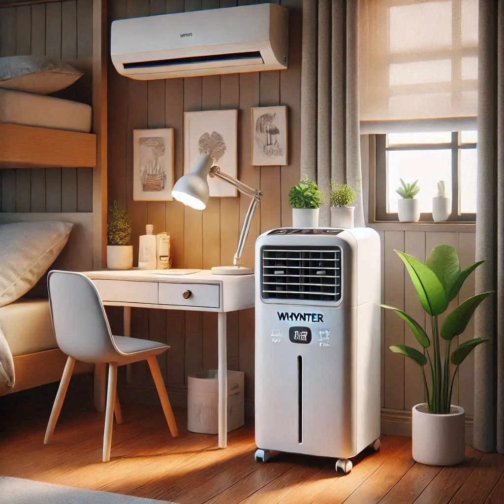 "Whynter ARC-08WB Portable Air Conditioner in a small bedroom or office, demonstrating its compact size and eco-friendly features."