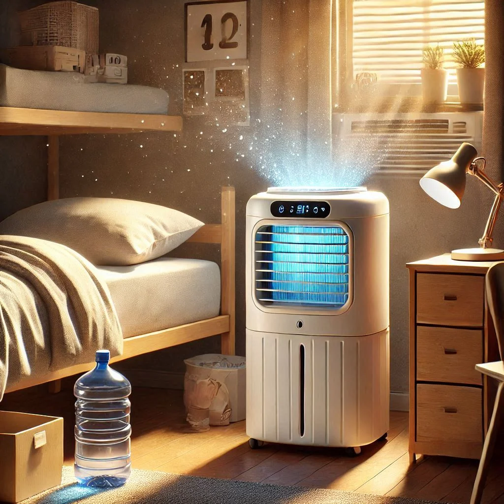 "Image showing an air cooler in a dorm room, with the water tank visible and the cooler releasing fresh, moist air for a comfortable room temperature."