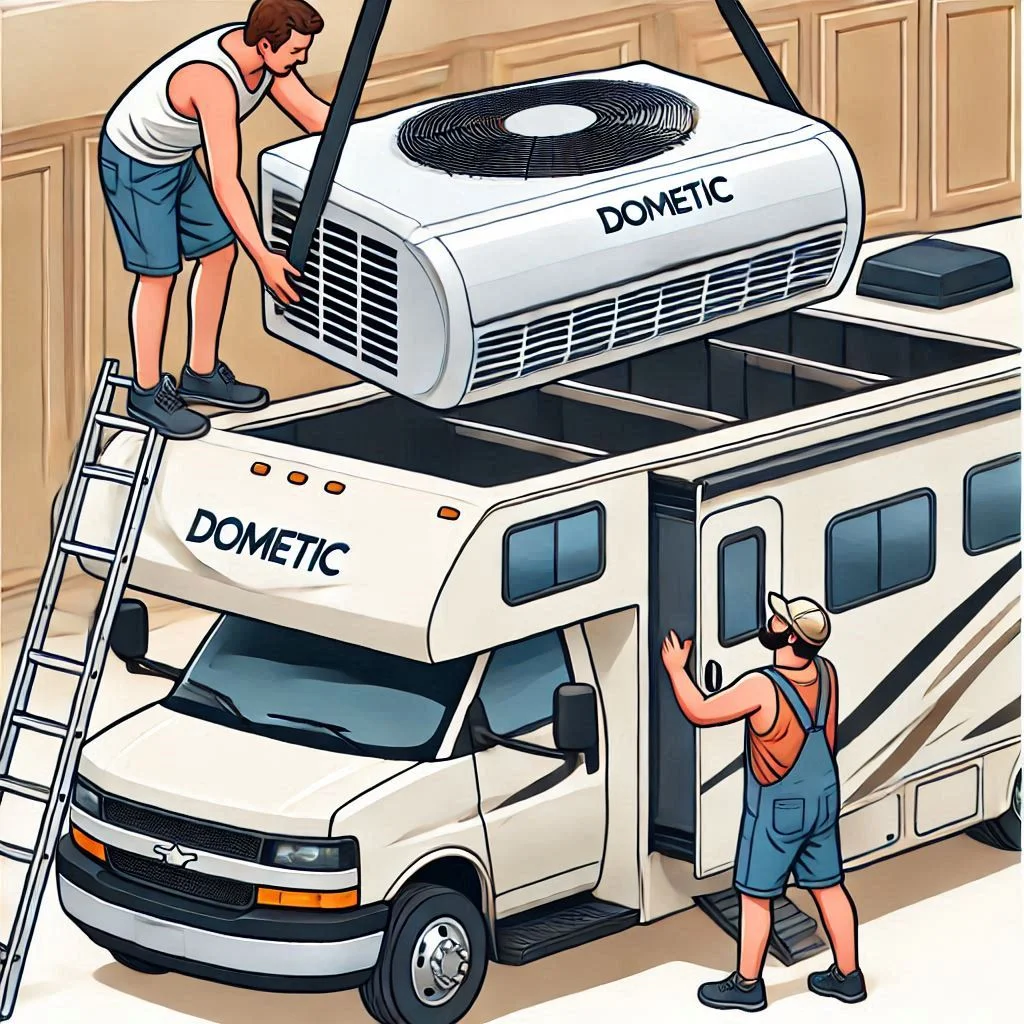 An image showing a person lifting a Dometic RV air conditioner onto the roof of an RV, with one person holding the unit while the other positions the mounting brackets underneath. The RV should be parked in an open space for easy access.