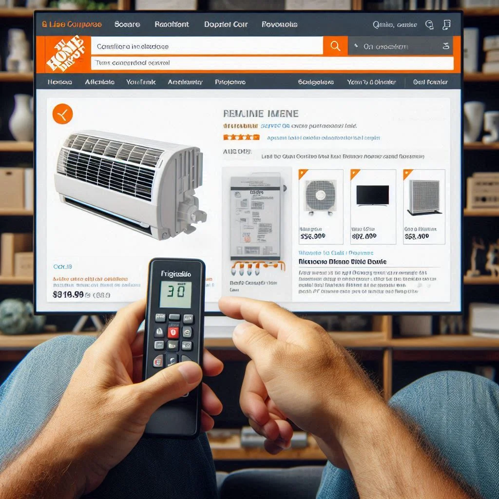 A screenshot of The Home Depot website showing the search results for Frigidaire air conditioner remote control parts.