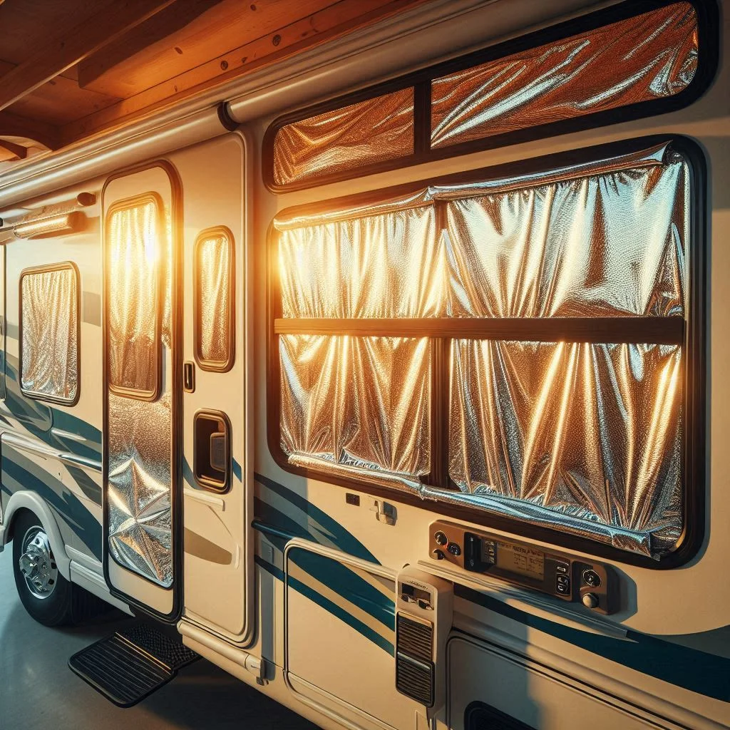 "Close-up of reflective window covers on an RV, blocking out the sunlight. Show the RV windows with the covers in place, highlighting their effectiveness in heat reduction."