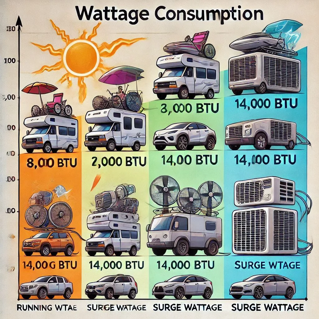 "A chart showing the wattage consumption of portable RV AC units with different BTU ratings (8,000 to 14,000 BTU), highlighting their running and surge wattage."