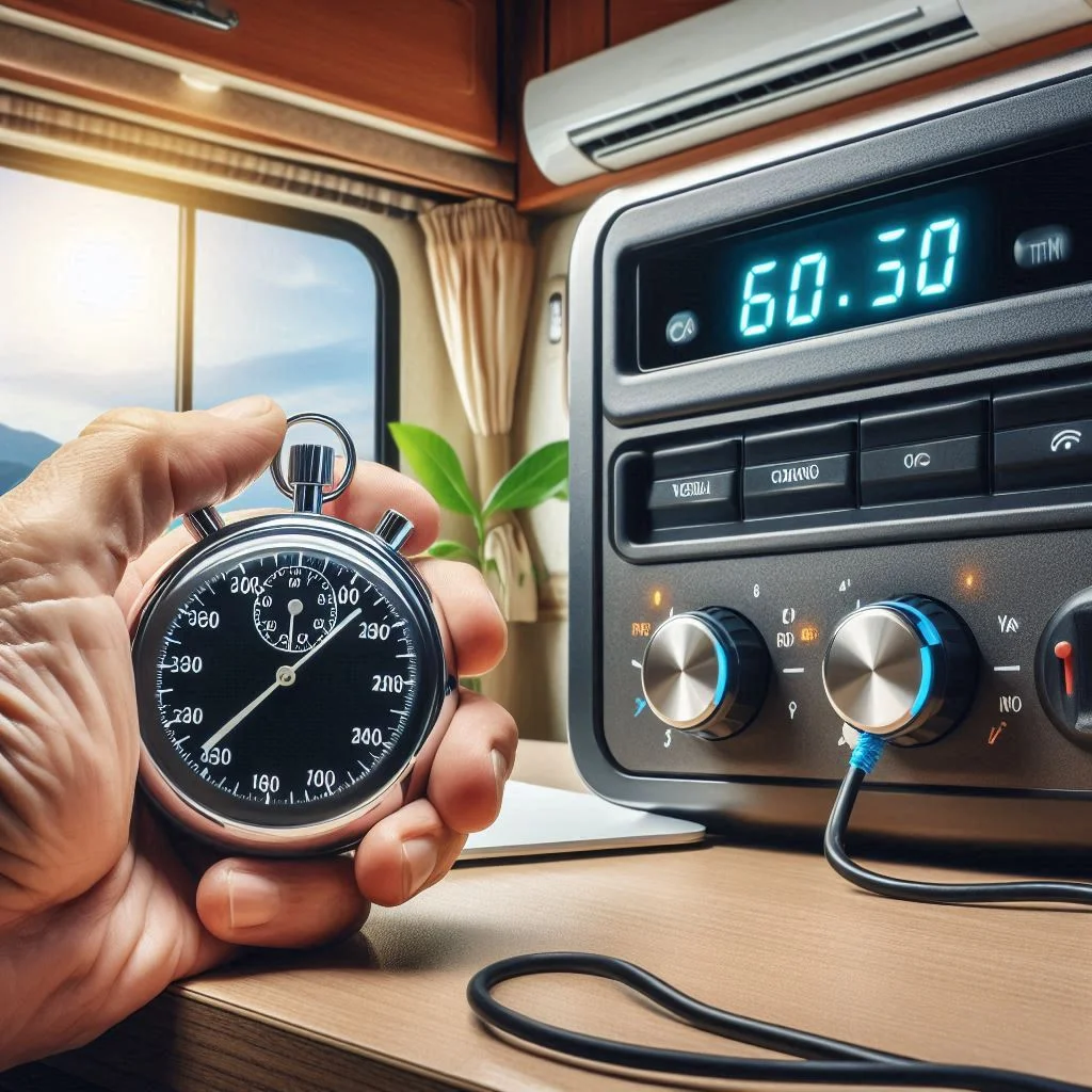 A timer or stopwatch next to an RV air conditioning control panel, highlighting the waiting period.