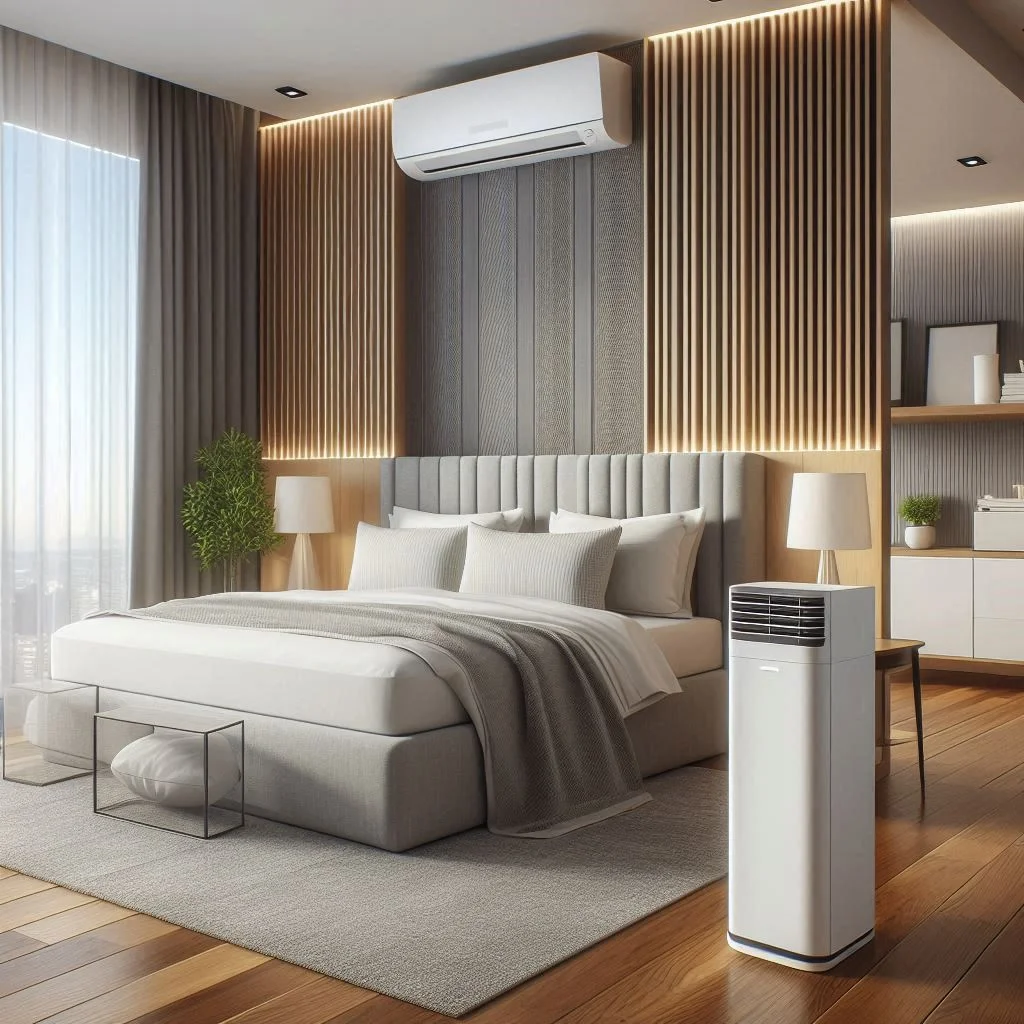 A modern bedroom with an air conditioner and an air purifier, showing strategic placement for optimal airflow and air quality improvement.