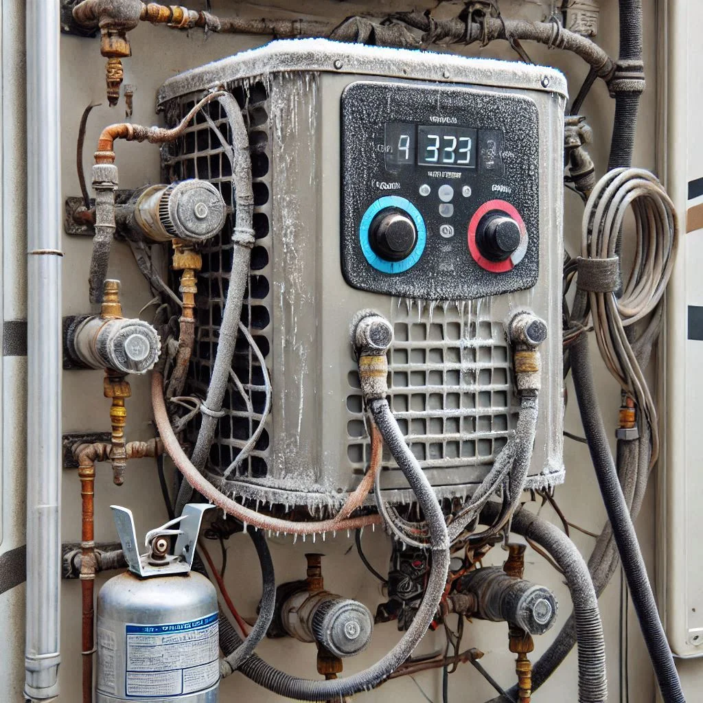 Close-up of an RV AC unit with visible signs of Freon leakage, such as frost build-up or oil stains around the hoses.