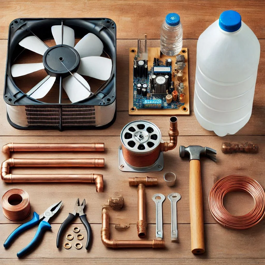 A table showing materials for a DIY camping air conditioner: fan, copper tubing, water pump, container, and tools, all placed neatly on a wooden surface.