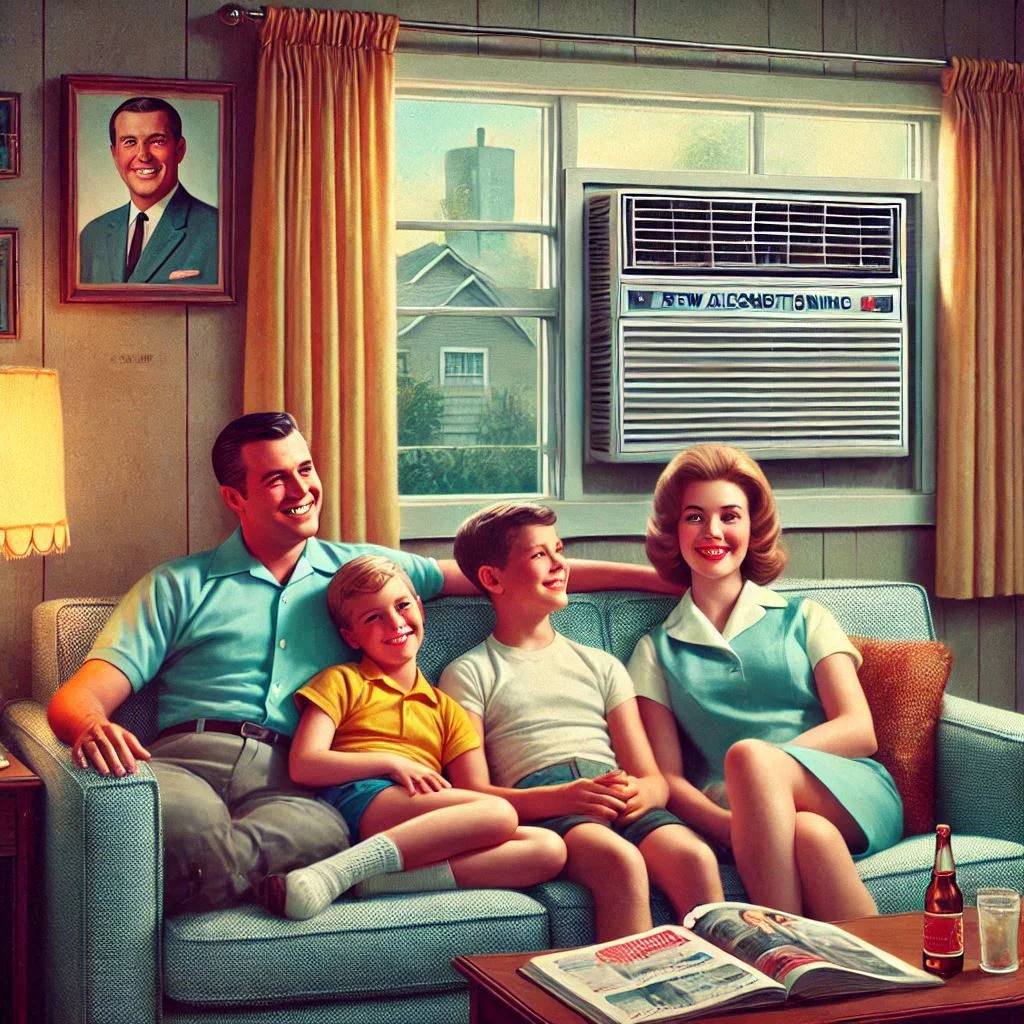 A family sitting comfortably in their living room, enjoying the cool air from a 1960s window air conditioning unit, reflecting the health and comfort benefits of air conditioning in the home.