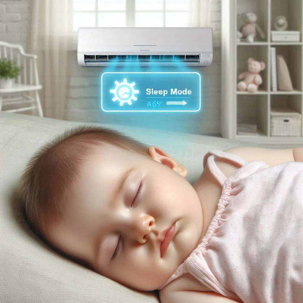 A sleeping baby in a serene nursery, with a whisper-quiet air conditioner running in the background, showing a "sleep mode" indicator on its display.