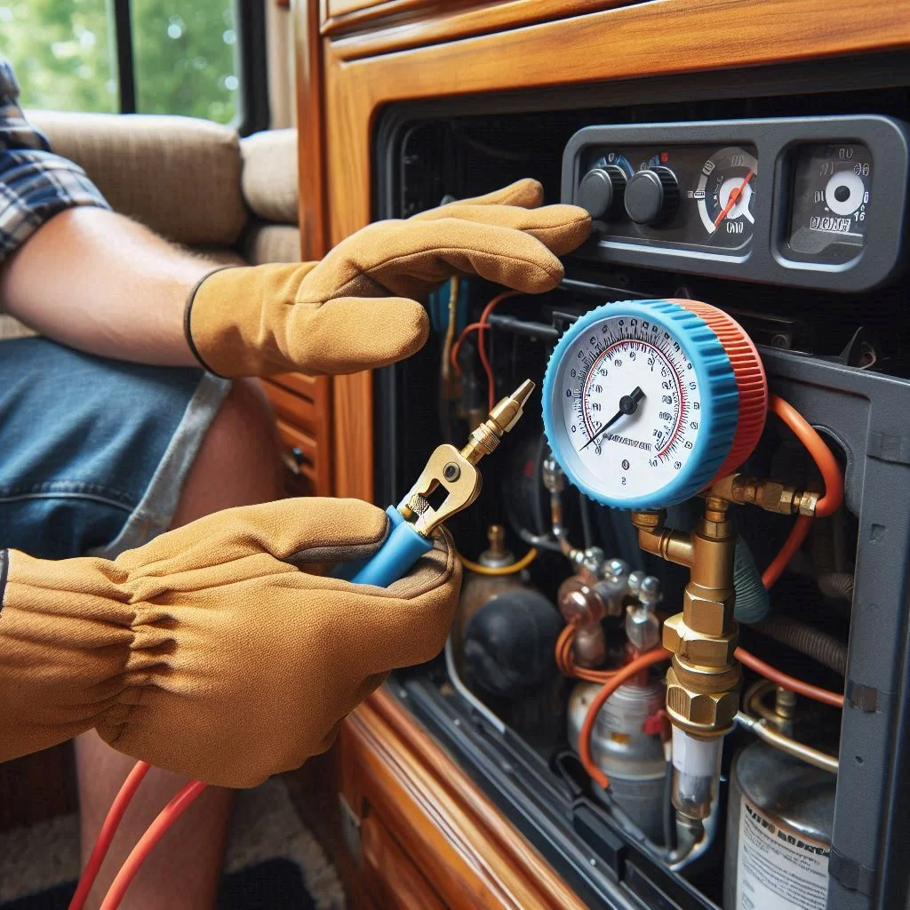 "A person troubleshooting an RV air conditioner with a low-pressure refrigerant gauge, checking the refrigerant levels and identifying signs of cooling issues."