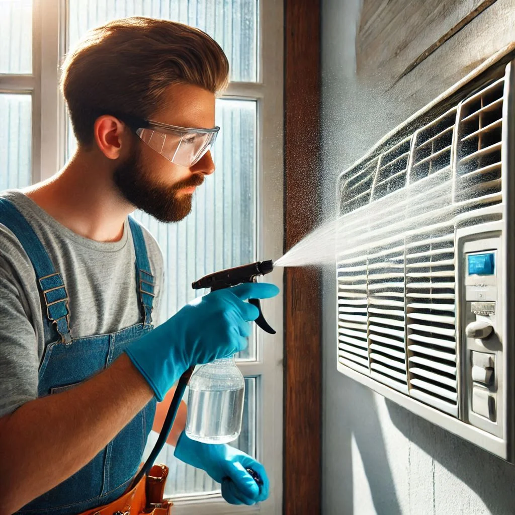 "An image of a technician gently spraying water on the outer parts of a window air conditioner, carefully avoiding the internal components."