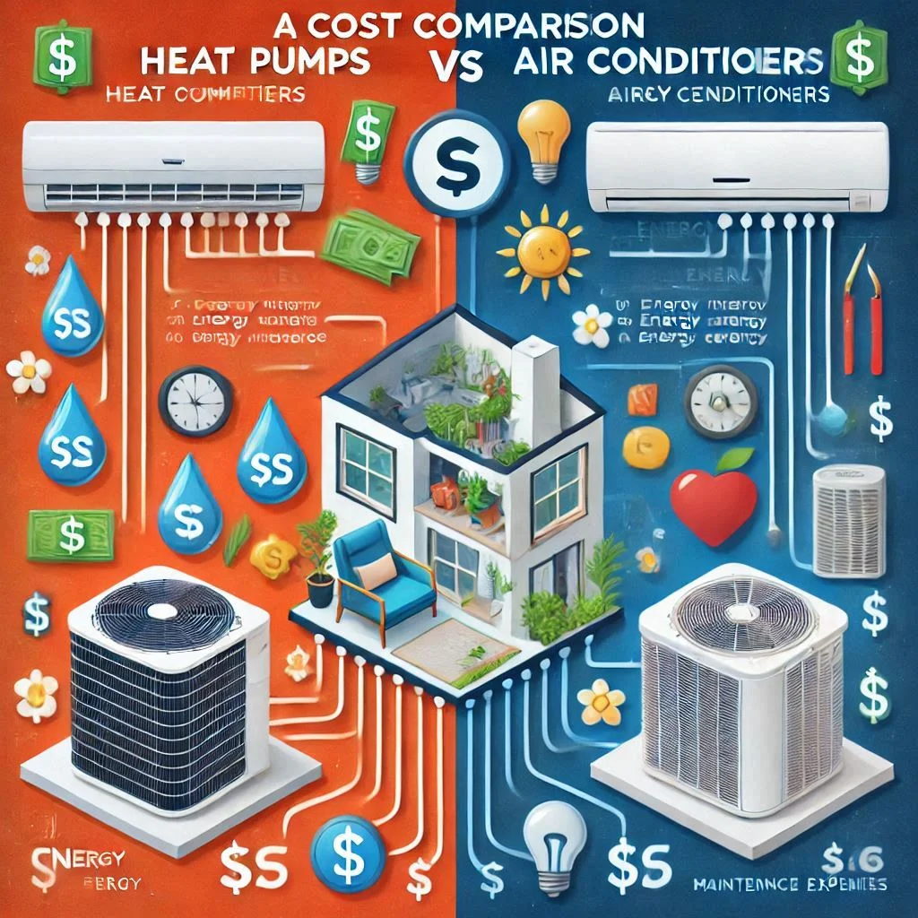 "A cost comparison infographic for heat pumps vs air conditioners, highlighting installation costs, energy costs, and maintenance expenses."