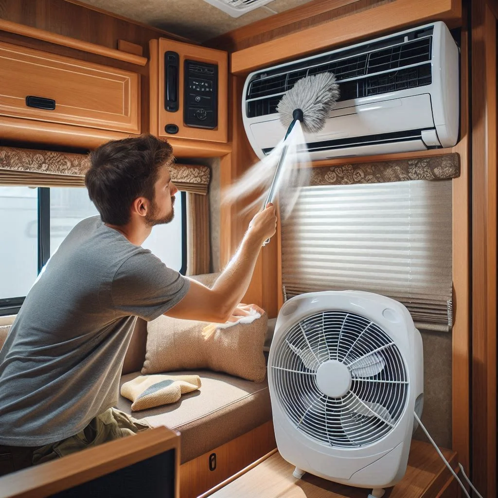 "An RV interior with a portable fan positioned near an air vent, circulating cool air around the living space."