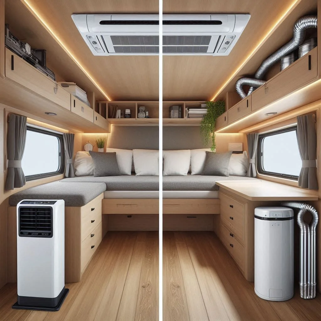 Comparison image showing a non-ducted air conditioner installed in a camper van versus a ducted system with concealed vents.