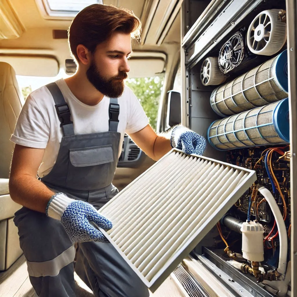 "A technician cleaning the filter of an RV AC unit, showing the maintenance process. The technician is inspecting the unit’s coils, ensuring maximum airflow and cooling efficiency."