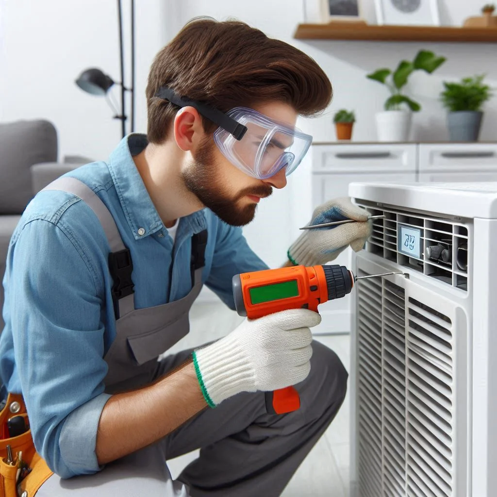 A professional technician inspecting or repairing the infrared receiver on a Frigidaire AC unit.