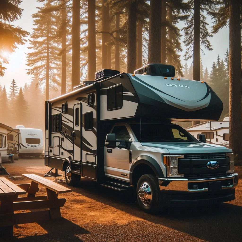 "A side view of a parked RV at a campsite with a Dometic RTX 2000 unit on the roof, surrounded by trees and a calm environment."